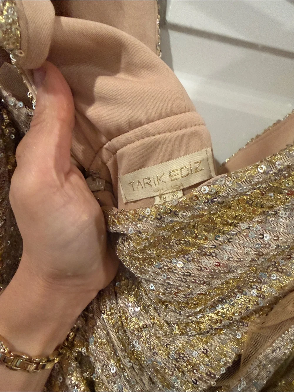 Tarik Ediz Gold Sequin Evening Dress